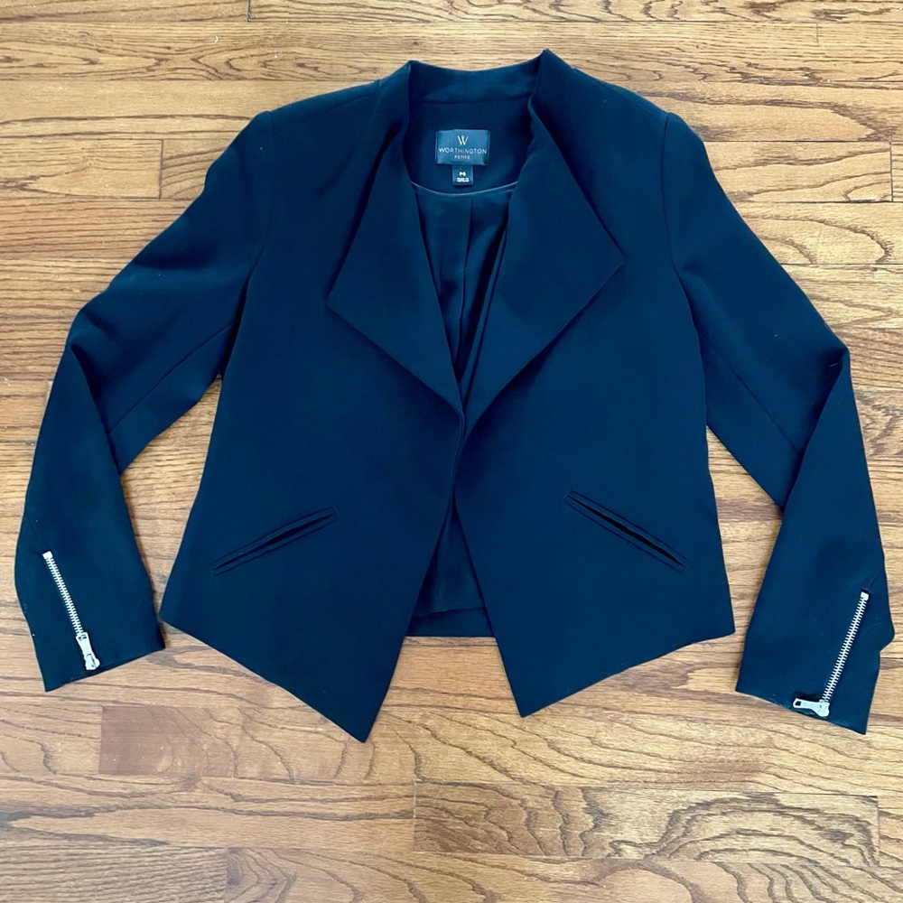 Worthington JCPenney Black Open Front Zipper Sleeve Blazer Jacket Petite Small